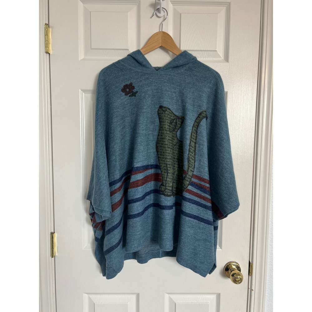 Boho Artsy Cat Graphic Hooded Poncho Inoah XL Made in USA